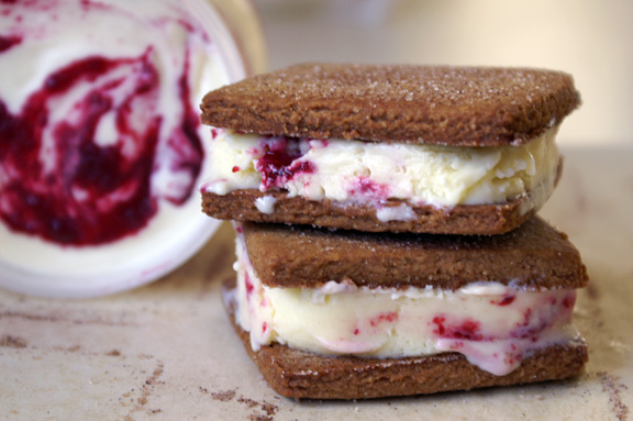 buttermilk raspberry swirl ice cream sandwiches, featuring homemade graham crackers.