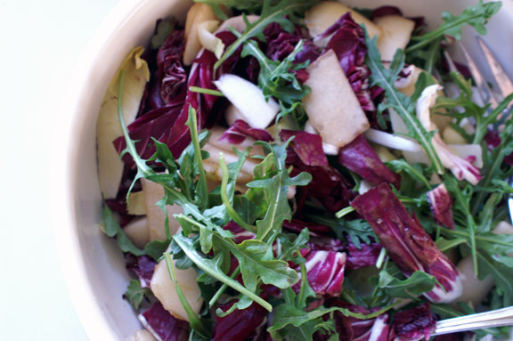 peeled pear + winter greens salad with dill vinaigrette.