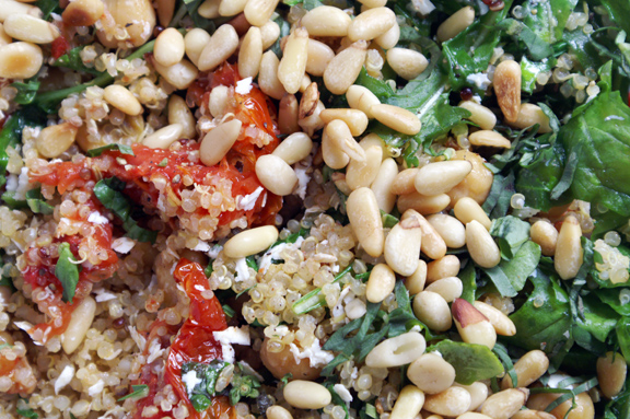 quinoa + wilted arugula greek salad.