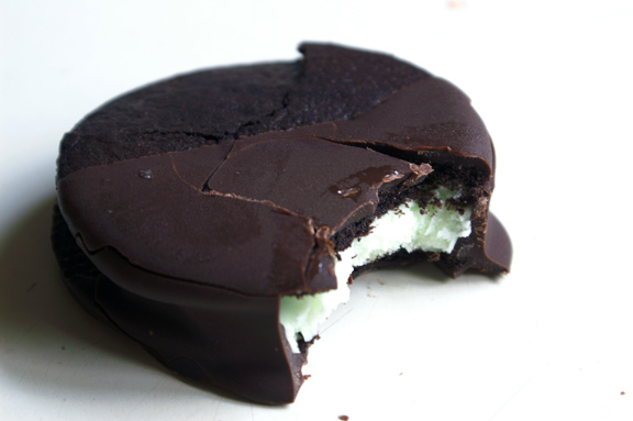 double dark chocolate-dipped mint ice cream sandwiches.