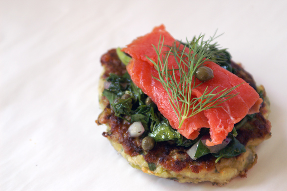 opo squash fritters with smoked salmon and watercress herb salad.