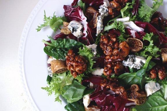 Feast Magazine, April 2015: bitter greens salad with grape molasses-rosemary vinaigrette and grape molasses-candied walnuts. 