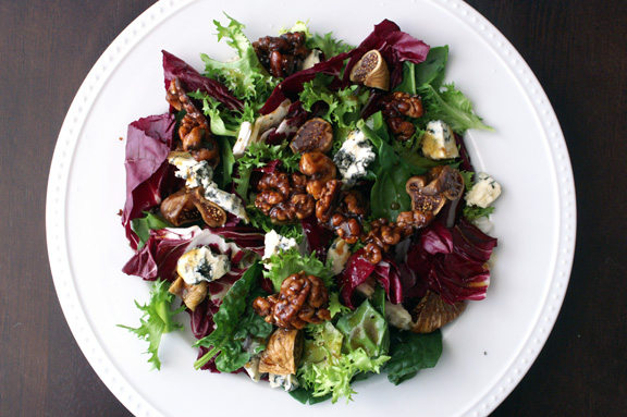 Feast Magazine, April 2015: bitter greens salad with grape molasses-rosemary vinaigrette and grape molasses-candied walnuts. 