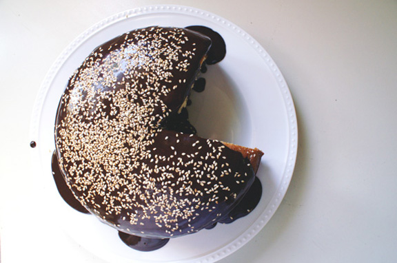 halva-buttermilk cake with honey-chocolate ganache.