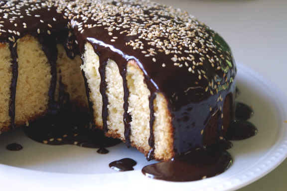 halva-buttermilk cake with honey-chocolate ganache.