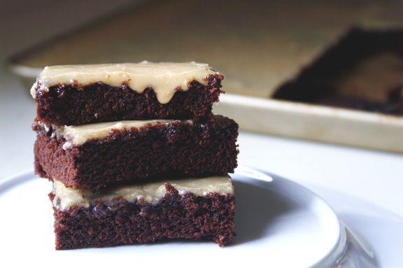 chocolate texas sheet cake with peanut butter frosting.