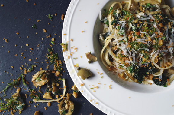 linguine with green olive sauce and zesty breadcrumbs.