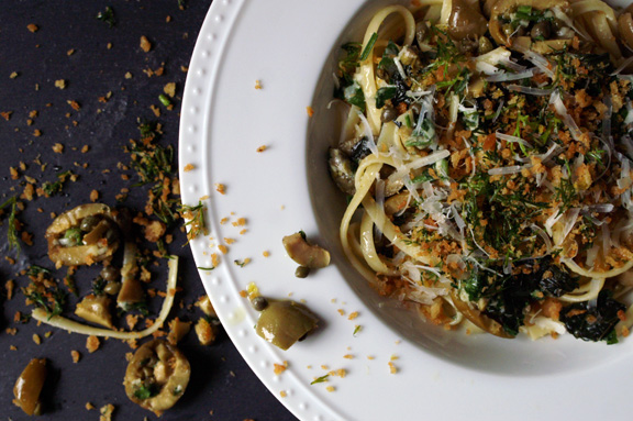 linguine with green olive sauce and zesty breadcrumbs.