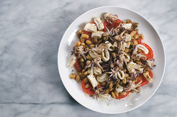 grilled squid with garlicky white beans and vinegar tomatoes. | a periodic table